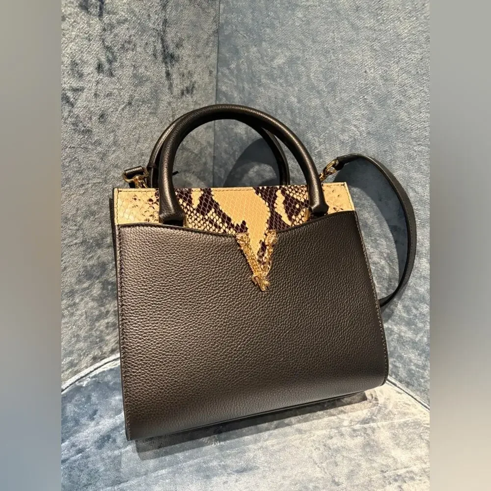 VERSACE VIRTUS CALF LEATHER SMALL BLACK TOP HANDLE BAG - Picture 2 of 6
